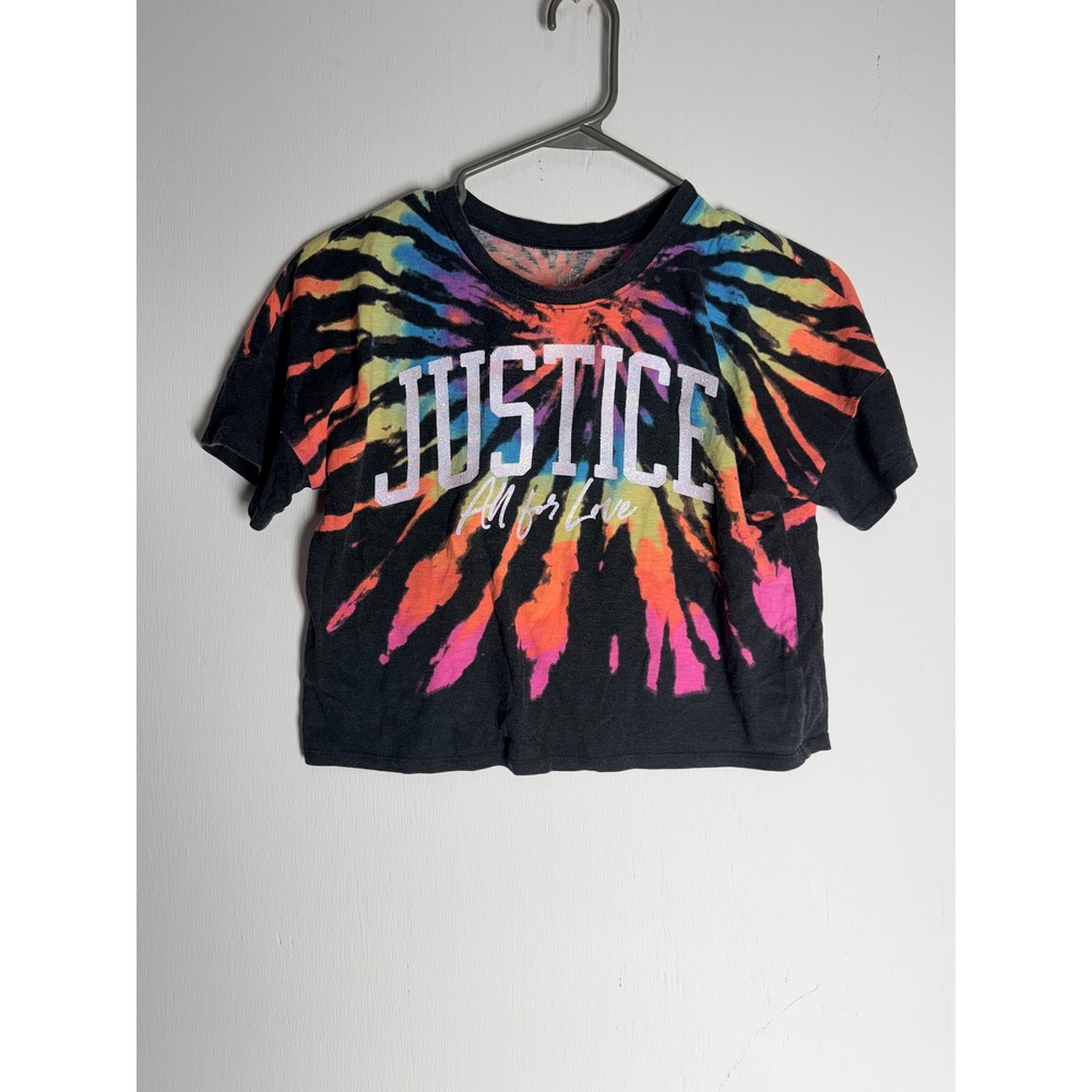 Justice Girls Tie Dye Crop Top Size S 7/8 Rainbow Glitter Graphic Tee Black